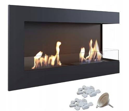 KRATKI Delta 900 Bio Ethanol Eckkamin links + Kieselsteine 2 kg + Trichter | Wand- oder Nischenmontage l Biocontainer 0,5 l, TÜV | Stahl, 48 x 90 cm, Verglasung, Schwarz