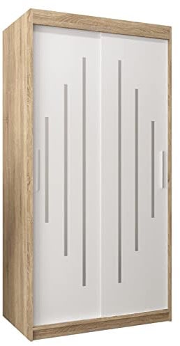 MEBLE KRYSPOL Schwebetürenschrank York 100 cm Kleiderschrank mit Kleiderstange und Einlegeboden Schlafzimmer- Wohnzimmerschrank Schiebetüren Modern Design (Sonoma + Weiß)