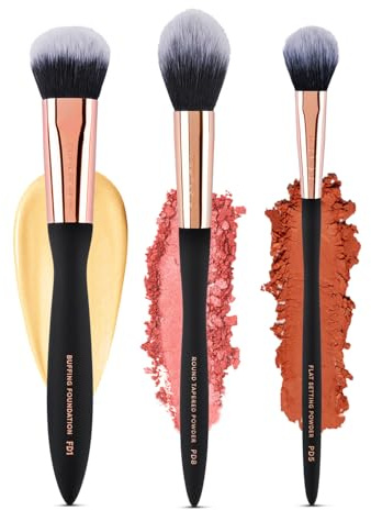 Profusion Cosmetics Artistry Face Essentials 3 Piece Wave Handle Face Brush Set for Flawless and Elegant Look, Vegan Makeup Brushes