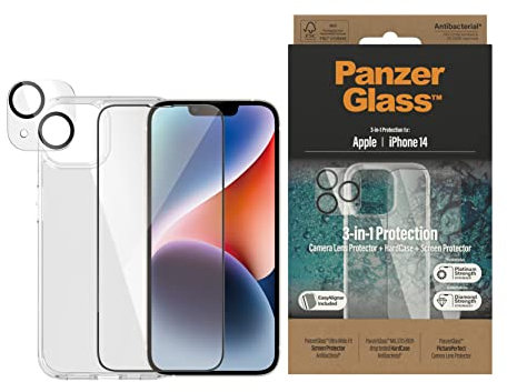 PanzerGlass™ iPhone 14 Bundle - Displayschutz, Kamera-Schutzglas und iPhone Schutzhülle - iPhone Komplettschutz aus gehärtetem Glas mit vollständiger Abdeckung, kratzfest & bruchsicher