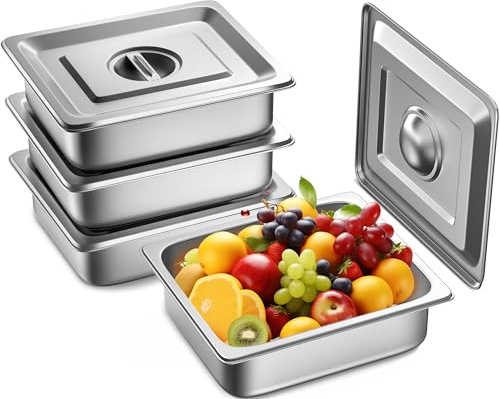 ZeroPone Hotel Pan - 4 Deep Steam Table Pan, 1/2 Size With Lid, 12.8L x 10.4W, 22 Gauge Stainless Steel, Anti Jam (4 Pack)