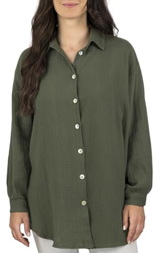 DENIMFY Hemd Bluse Damen DFMathilda Oversize Fit Musselin Hemdbluse Langarm Oberteile Knopfleiste Einfarbig Basic 100% Baumwolle Olive M-L, Größe:M/L, Farben:Olive (52316)