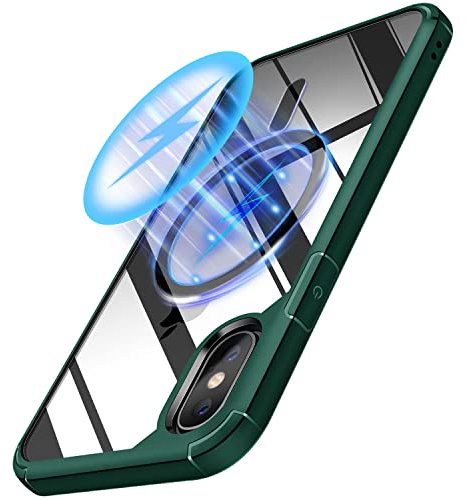 TENDLIN Magnetic Case Compatible with iPhone XS Max Case [Compatible with MagSafe] Crystal Clear Hard Back Soft Bumper Protective Case (Green)