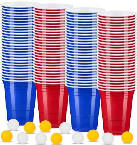 ZLPBAO Réutilisables Tasse de Pong, 100 American Tasses et 12 balles Jeu à Tasse 500ml Répétable Tasses pour Boissons Chaude Froide, Noël, Anniversaire, Mariage, Fête