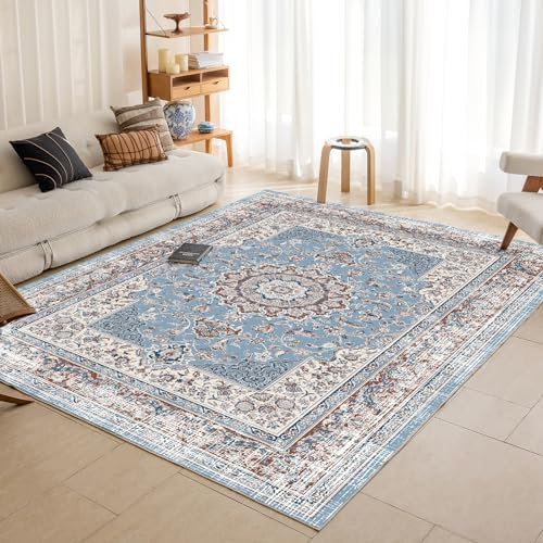 OMERAI Teppich Groß 160X230CM Wohnzimmer Schlafzimmer Kurzflor Boho Rutschfest Waschbarer Blau