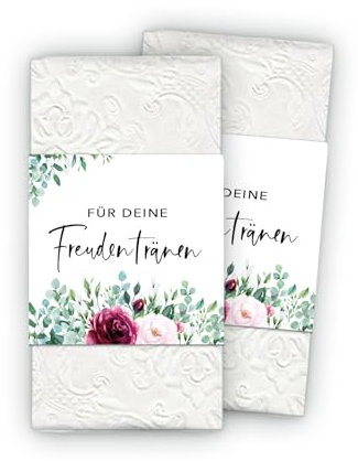 50 Freudentränen Banderolen + Klebepunkte zum verschließen - Eukalyptus Rosen rot weiß - Für Taschentuch Gastgeschenke Hochzeit & Taufe Kirche Trauung Kommunion