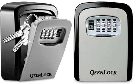 QEENLOCK Schlüsselkasten für den Außenbereich, Schlüsselkasten mit 4-stelligem Code, robust, für Schlüssel, Karten, Metalllegierung, Zink, Grau