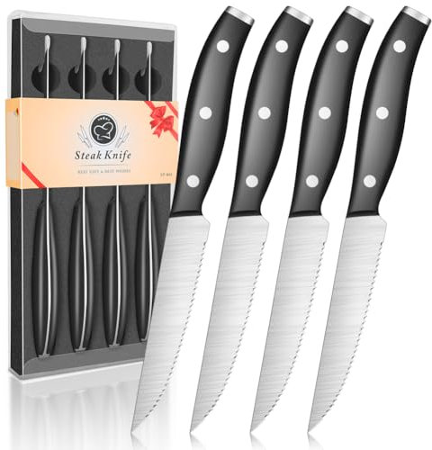 kyushublade Steakmesser 4,5 Zoll, 4-teiliges Set mit Wellenschliff, aus rostfreiem Stahl, Full Tang Griff, klassische Tafelmesser für Familie, schwarz