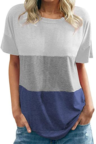 Kurzarm-Pyjama für Damen, Farbblock, lässige T-Shirts für Damen, UK-Rundhals-T-Shirt, Sommer, atmungsaktiv, Damen-T-Shirt, lockere Tops, Tunika, Pullover, leichte Sportbekleidung, Nachtwäsche, blau,