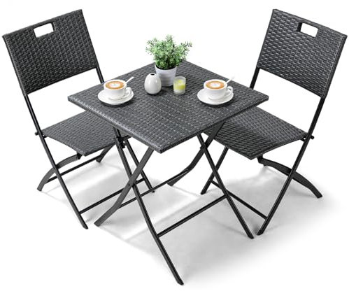 LIFERUN Set di Mobili da Balcone Pieghevole da 3 Pezzi, Mobili da Bistrot, Set Giardino in Rattan, 1 Tavolo e 2 Sedie, Sedia Pieghevole per Balcone, Giardino e Terrazza, Grigio