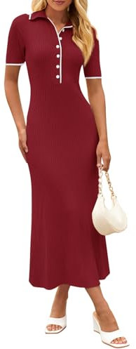 MEROKEETY Vestido Largo de Punto Acanalado con Cuello en Pico para Mujer, con Botones, Manga Corta, Ajustado, Vestido Tipo suéter, Vino, M