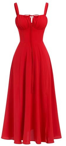 IBAKOM Robe d'été Femme Floral Corset Midi Bohème Spaghetti Bretelles Rouge M