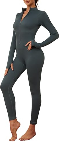 Svanco Jumpsuit Mit Reissverschluss Damen Yoga Einteiler V-Ausschnitt Fitness Outfit Langarm Sport Overall Eng Onesie Ribbed Sportanzug