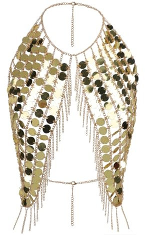 Pailletten Crop Top Körperkette Damen Bikini Pailletten Kette Neckholder Lange Brustkette Tank Top Glitzer Weste Clubwear BH Kette Sexy Körperschmuck für Nachtclub,Festival,Party,Bauchtanz
