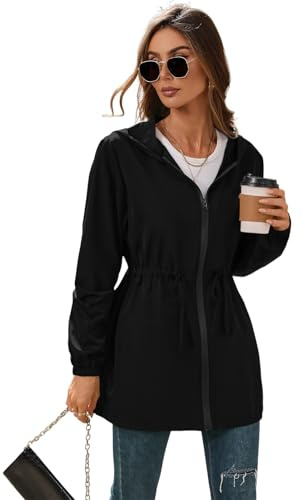 SotRong Leichte, dünne, verstaubare Damenjacke, wasserdicht, faltbar, verstaubar, Regenmantel, mit Reißverschluss, Windbreaker für alle Jahreszeiten, Schwarz , M