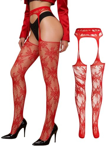 Medias con Liguero Sexy Mujer Pantimedias de Rejilla Talla Grande XS-5XL | Medias de Red con Liga,de Cintura Alta,Lenceria Abertura,de Malla Transparentes,Elástica,Suaves y Cómodas,Lingerie