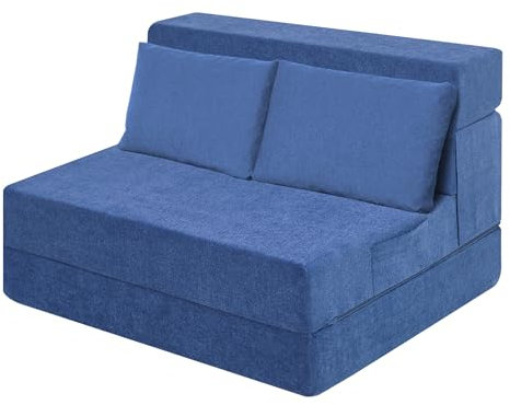 Ressainic Faltbares Schlafsofa mit Kissen, zusammenklappbarer Klappstuhl, Schaumstoff-Bodenmatratze, zusammenklappbares Schlafsofa für Wohnzimmer/Schlafzimmer/Gast/Büro (Blau, Doppelbett XL)