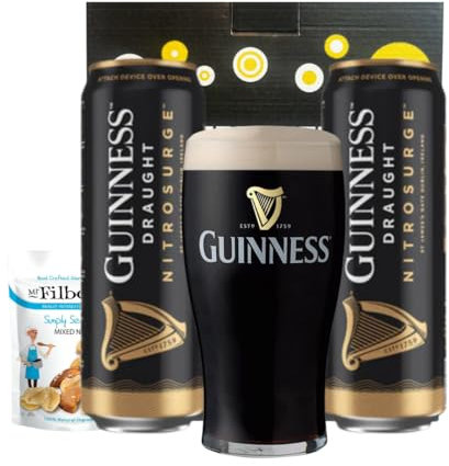 Guinness NitroSurge Draught Stout Cans Gift Set with Official Guinness Pint Glass (2 Pack) – Smooth Pour Technology, 4.2% ABV – Premium Beer Gift for Him, Her, Birthdays & More
