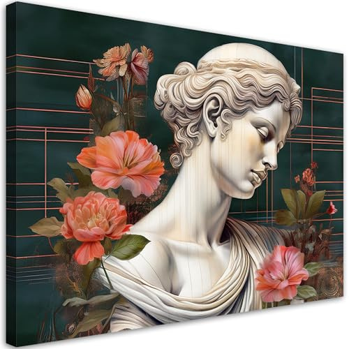 Feeby Wandbilder - Bilder Schlafzimmer - Skulptur Statue einer Frau Blumen - 90x60 cm 1tlg - Wohnzimmer Bild Groß - Wohnungs - Foto Geschenk - Leinwand Wall Art - Wand Deko