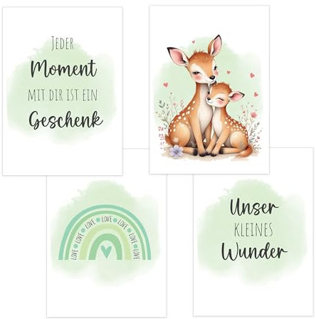 4er Set Baby DIN A4 Bilder mit Reh, Regenbogen und Sprüchen, Poster mit Tiermotiv für Babyzimmer, 200g/m² Papier, Kinderzimmer Wanddeko, für Bilderrahmen, Dekoration für Jungen & Mädchen, Grün