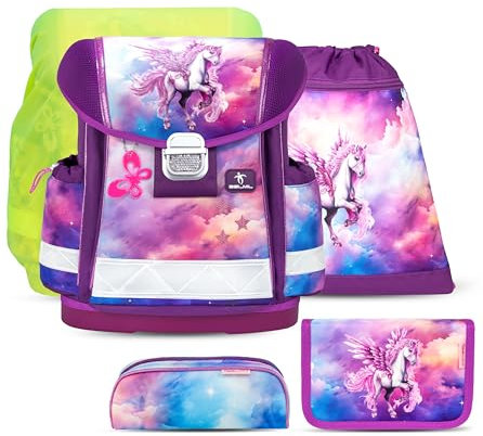 Belmil Schulranzen Set 403-13/AG/S/R 5 - teilig ergonomischer Schulranzen Set mit Regenschutz 1. klasse 2. klasse 3. klasse - Super Leicht 930-990 g/Grundschule (Pegasus)
