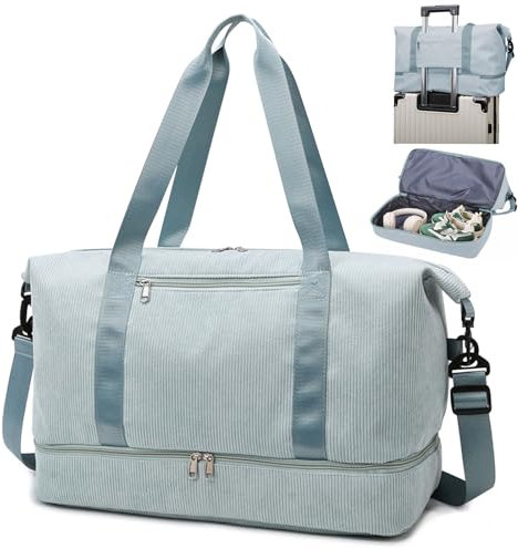 Sporttasche Reisetasche Damen, Handgepäck Tasche, Schwimmtasche mit Schuhfach und Nassfach, Cord Strandtasche Trainingstasche für Sport, Gym, Reisen, Strand (Blau)