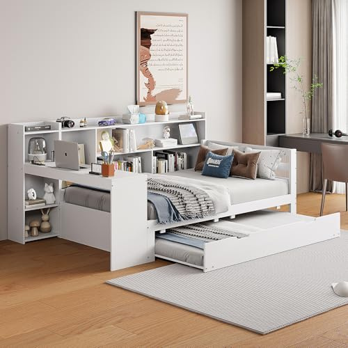 Zravenna Tagesbett Schlafsofa 90x200 cm, Holz Bett Mit Schreibtisch, AblagefäChern & Regalen, Unterbett Mit Ausziehbarem Bett, Einzelbett Massivholzbett Mit Lattenrost, Ohne Matratze, Weiß