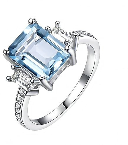 DOLPHERS Aquamarin-Ring, 925er Sterlingsilber, Smaragdschliff, 7 x 9 mm, himmelblauer, Moissanit, Verlobungsringe, Aquamarin-Geschenke für Frauen/Freunde