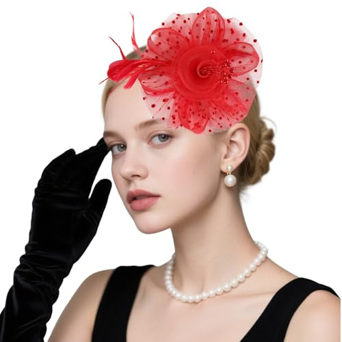 loacuony Fascinator Damen,Fascinators Hat Flower - Federn & Mesh – Kopfschmuck Für Hochzeiten, Pferderennen & Halloween, Mit Stirnband & Gabelclip（（Rot）