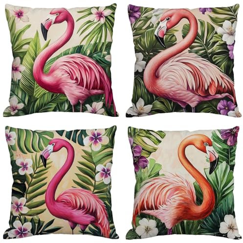 Outdoor Kissen Rosa Kissenbezug 50x50 cm 4er Set Balkon Dekokissen Flamingo Outdoor Kissenhülle Wasserdichte Samt Doppelseitiger Gedruckte Sofakissen Garten Balkon Zierpolster OutdoorDeko, Gifts z-97