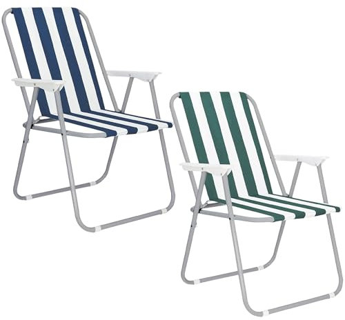 TIENDA EURASIA - Pack 2 Silla Playa o Camping Plegable | Estructura de Acero Gris | Tela de Loneta Impermeable | Ligera | Estampado Rayas Azul y Verde | Medidas 75 x 53 x 43 cm
