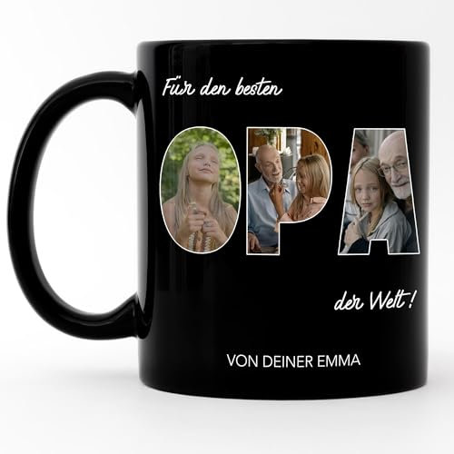Kiddle-Design Opa Tasse Schwarz Personalisiert, Fototasse Bester Opa der Welt Geschenk mit eigenem Foto und Text, Geschenkidee Opi Vatertag, Geburtstag Weihnachten, Bonusopa Tasse selbst gestalten