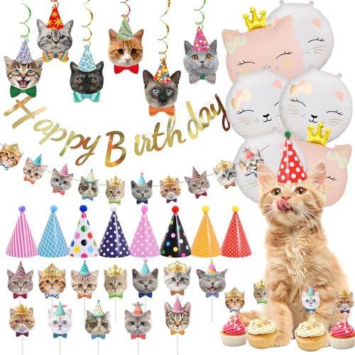 32 Pezzi Decorazioni per Feste con Gatti Stili Multipli di Decorazione di Compleanno del Gatto Carino Decorazioni Compleanno per Feste a Tema Gatto per Bambini e Animali Domestici
