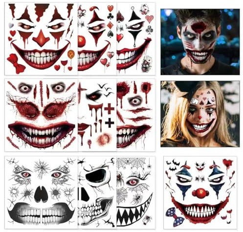 Halloween Clown Tatuaggi Temporanei, 10 Fogli Joker Impermeabili Tatuaggi, Joker Tatuaggi Halloween, Tatuaggi Viso Clown, Joker Tattoos, per Halloween, Cosplay e Festa di Mascherata