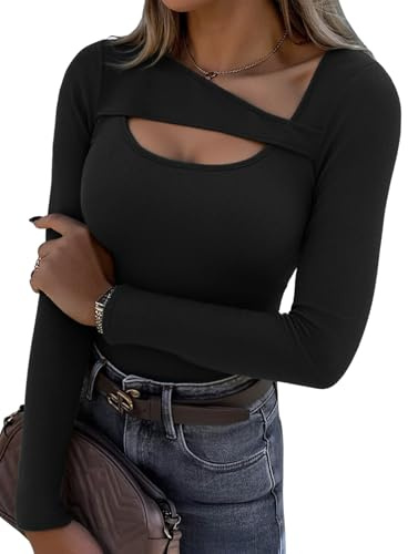 Aottori Long Sleeve Tops Womens Ribbed Cutout Neck Shirts Ladies Basic Pullover Jumpers Top Sexy Fitted Base Layer Underwear Tunic Tee Shirt