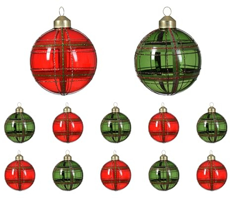 Kaemingk Weihnachtskugeln Glas 8cm x 12 Stück mit Karomuster Christbaumkugeln Weihnachtsbaumkugeln Christbaumschmuck Weihnachtsdeko Baumschmuck Tannenbaumschmuck Rot Dunkelgrün Gold