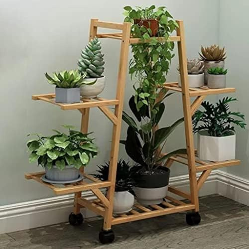 Bambus Rolling Plant Stand Rack Mehrere Blume Topf Halter Regal Indoor Outdoor Pflanzer Display Regal Für Patio Garten Ecke Balkon Wohnzimmer, 6 Tier