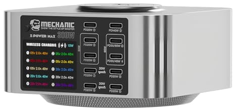 Chargeur de Bureau Mechanic X-Power/Plus/Max 10 Ports QC3.0 PD3.1 Charge Rapide Compatible avec iPhone 15 14 13 Xiaomi Ordinateur Portable Chargeur sans Fil Outil (X-Power Max 300W)