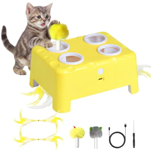 Cat Toys Interactive Cat Toy, 2-in-1 Automatic Cat Toy, 4 Holes Mice Whack A Mole Cat Toys with Moving Feather, USB Rechargeable Electronic Cats Toys for Indoor Cats Kitten and Adult Cats (Yellow)