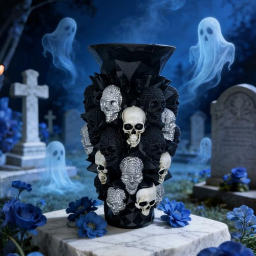Coyoohouse Gothic Skull Stack Vase, Resin Skeleton Flower Holder (Black) | Indoor Gothic Home & Halloween Decor, for mantel & shelf display, unique goth‑style gift for horror‑theme decor lovers