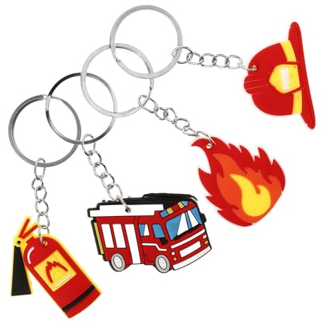 Generisch Cartoon Feuerwehr Schlüsselanhänger 4 Stück aus Metall mit Feuerwehrauto und Helm Dekorative Schlüsselanhänger zum Aufhängen an Tasche oder Schlüsselbund Geschenkidee für