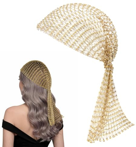 Gold Headband, Gold Headpiece with Sequin, 90cm Rhinestone Mesh Hair Accessory, Elegant Scarf Headpiece with Sparkling Embellishments