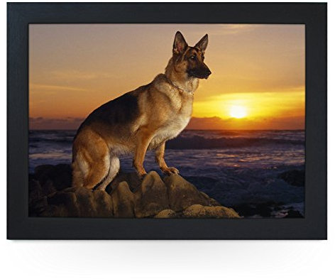 Portable Lap Desk Tray (German Shepard Dog On Beach) Handmade Wooden Frame, Beanbag Cushioned Bottom | Computers, Laptops, Meals, Food | L0136 Black