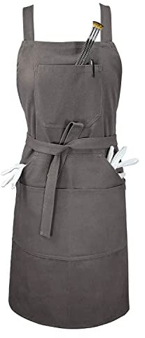 Soft Cotton Canvas Apron, Cross Back + Fasten/Quick Release Buckle + 6 Pockets + 2 Towel Loops Professional Bib For Artist Kitchen Cooking Women Men,Adjustable to XXL,27X31