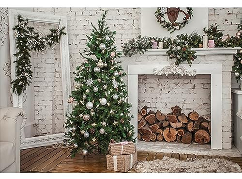YongFoto 3x2m Foto Hintergrund Neujahr Weihnachten Kamin Protokolle Spiegel Weihnachtskugeln Baumschmuck Holzboden Wei?get黱chte Backsteinmauer Fotografie Hintergrund Photo Baby Kinder Fotostudio