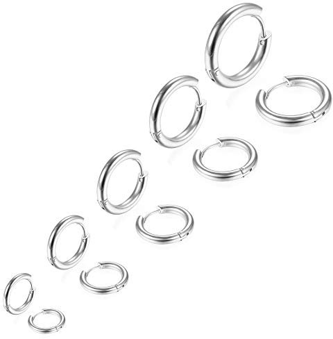 5 Paare Edelstahl Creolen Ohrringe für Herren Damen, Silber, Männer Klein 8MM-16MM