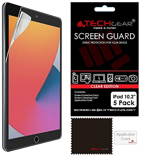 TECHGEAR 5 Pack Protection Ecran pour iPad 10.2 2021/2020 / 2019 - Film de Protection Écran ULTRA CLAIR compatible avec iPad 10,2 pouces 9ème, 8ème et 7ème génération
