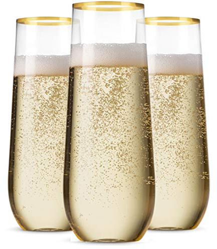 Munfix. 48 Pack Stemless Plastic Champagne Flutes Disposable 9 Oz Gold Rim Clear Plastic Toasting Glasses Shatterproof Recyclable and BPA-Free