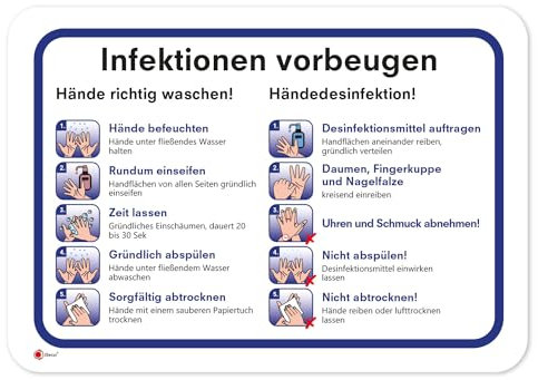 Anleitung zur Vorbeugung von Infektionen I 30 x 20 cm I Hinweis-Aufkleber Gründlich Hände waschen und desinfizieren I Handdesinfektion I Hygienemaßnahmen Aushang I selbstklebend I hin624