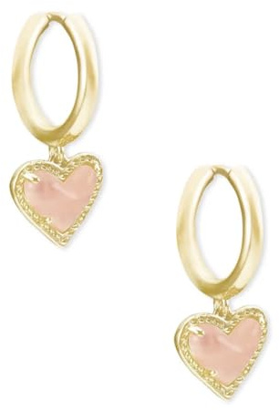 Kendra Scott Ari Heart Huggie Earrings in 14k Gold-Plated Brass, Rose Quartz, Fashion Jewelry for Women